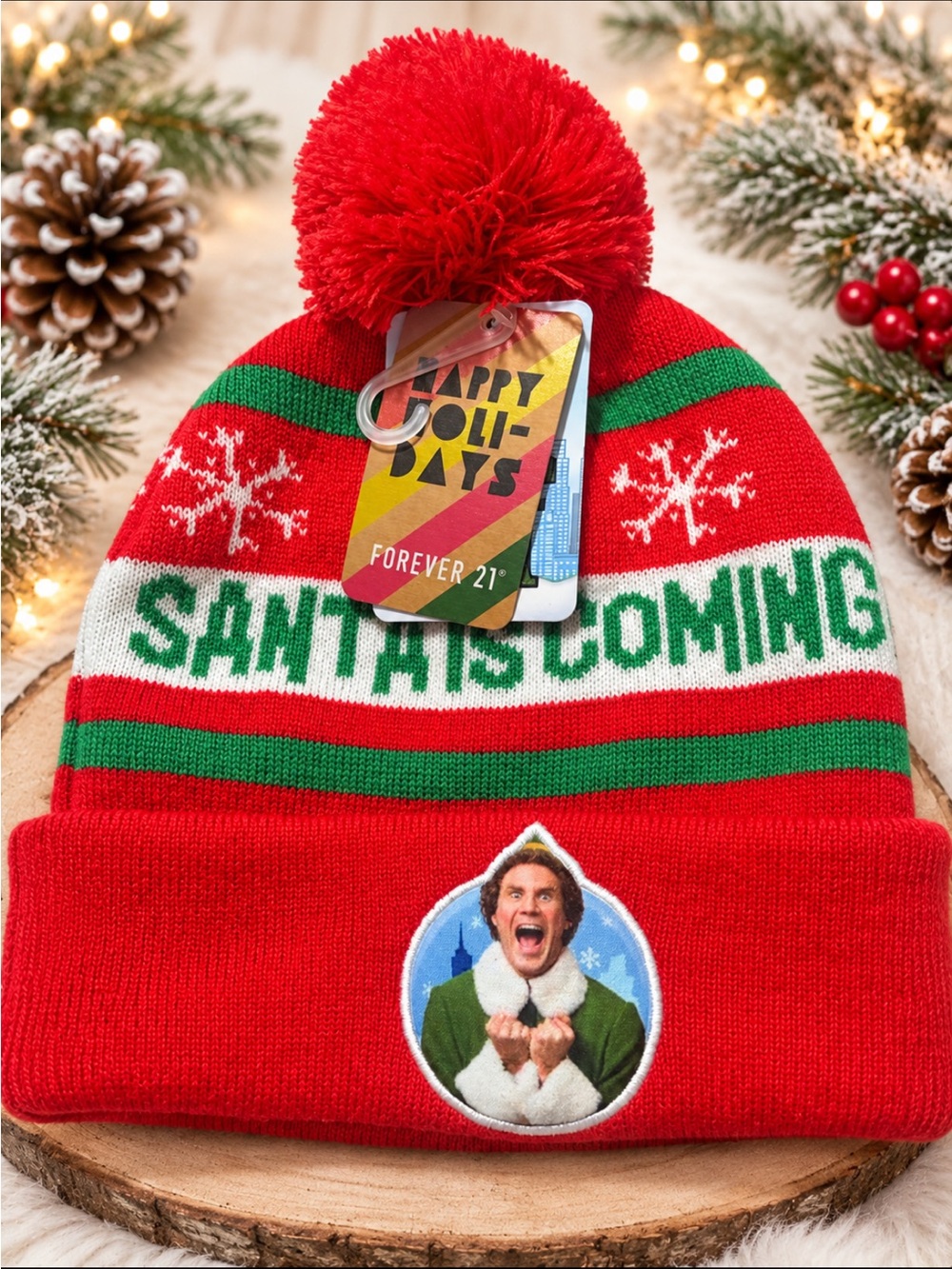 Forever 21 Red Holiday Pom Beanie with Green and White Accents